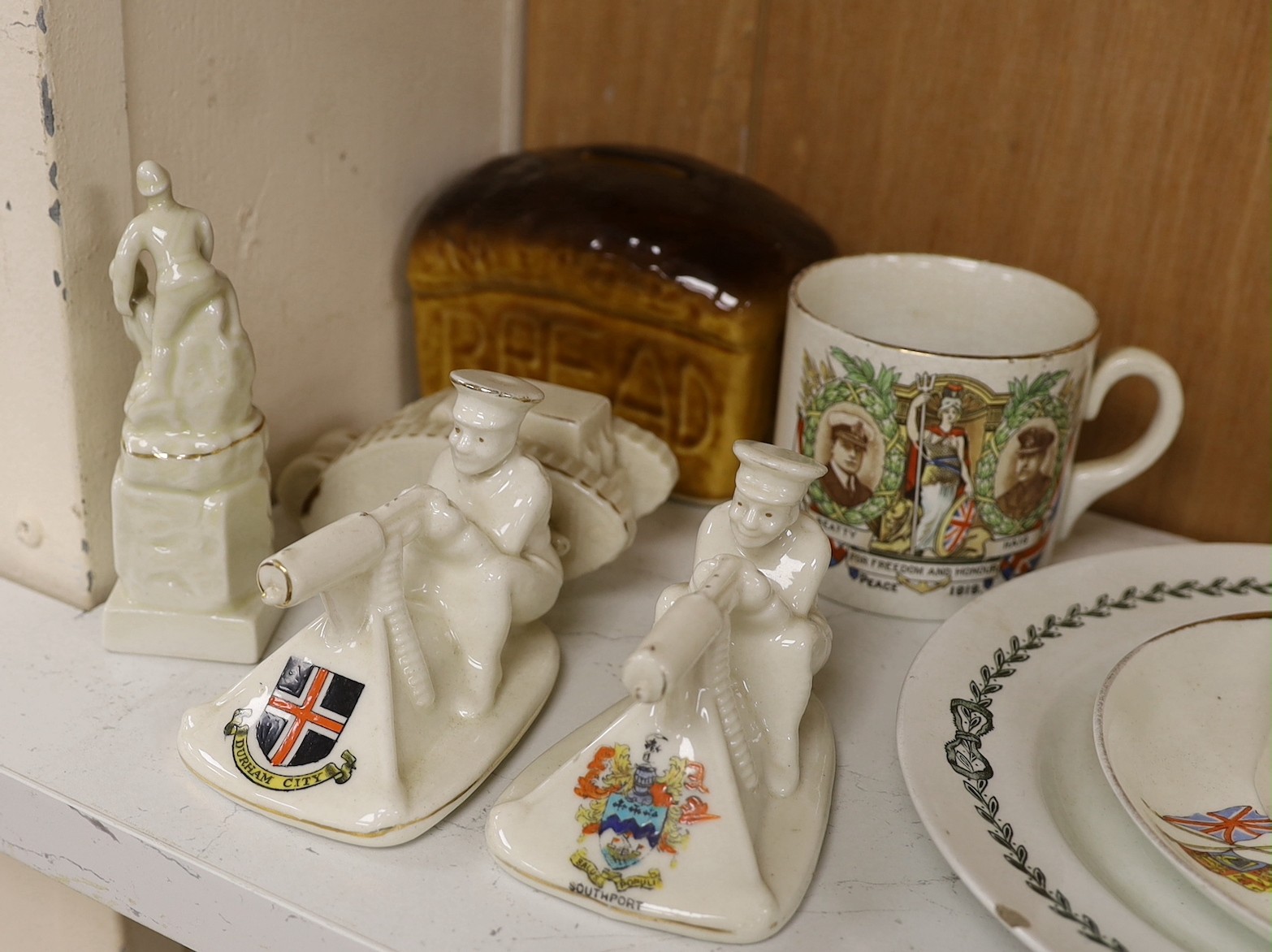 WWI commemorative ceramics - crested china including two Tommy and his Gun models